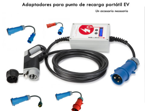 Adaptadores de corriente para utilizar un punto de recarga portátil de coche eléctrico en diferentes tomas.